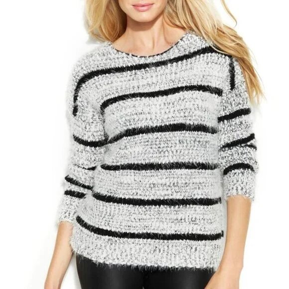 Calvin Klein Striped Fuzzy Crew Neck Long Sleeve Sweater Black White Women Size - Picture 1 of 11